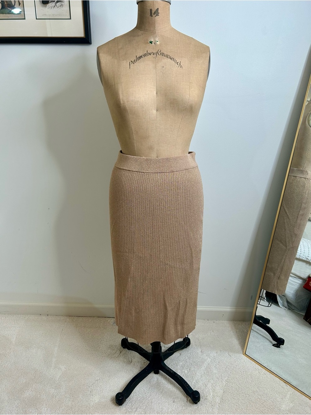Talbots Gold Taupe Sparkle Ribbed Sweater Knit Midi Skirt Sz S NWT!